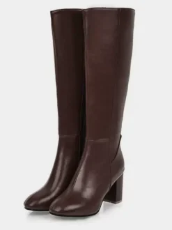 Bottes mi-mollet à talon épais et bout rond en cuir PU pour femmes