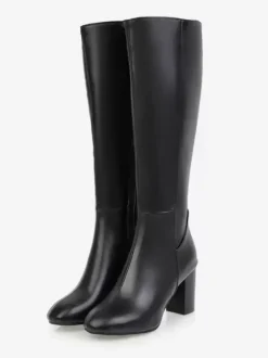 Bottes mi-mollet à talon épais et bout rond en cuir PU pour femmes