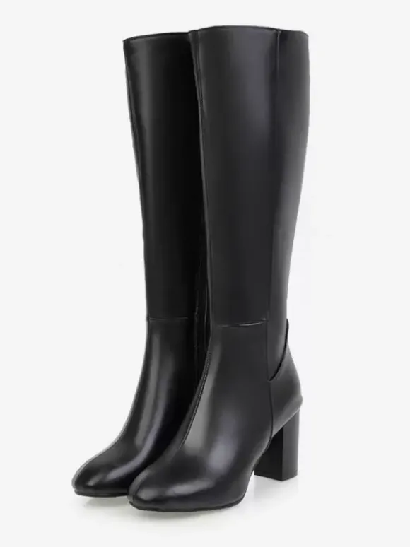 Bottes mi-mollet à talon épais et bout rond en cuir PU pour femmes