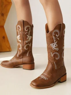 Bottes Mi-mollet Bottines Femme à Talons Hauts Imprimés Fleuries Chaussures de Mariée Bohème