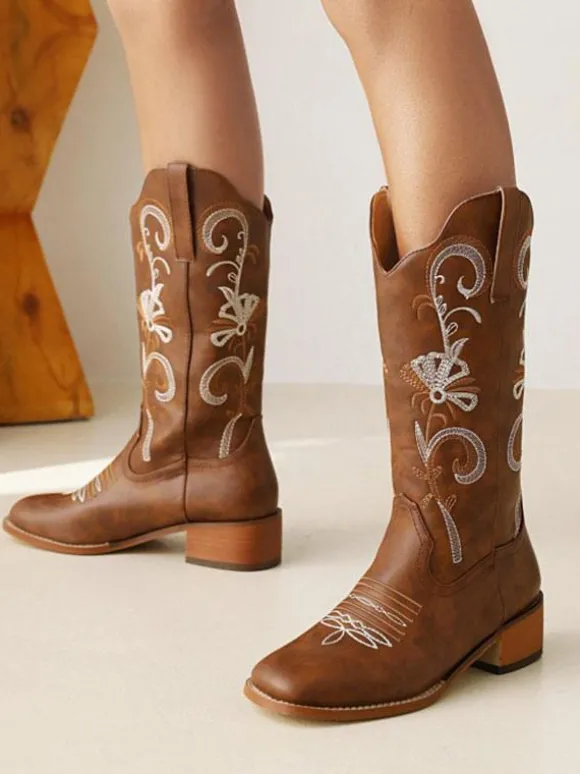 Bottes Mi-mollet Bottines Femme à Talons Hauts Imprimés Fleuries Chaussures de Mariée Bohème