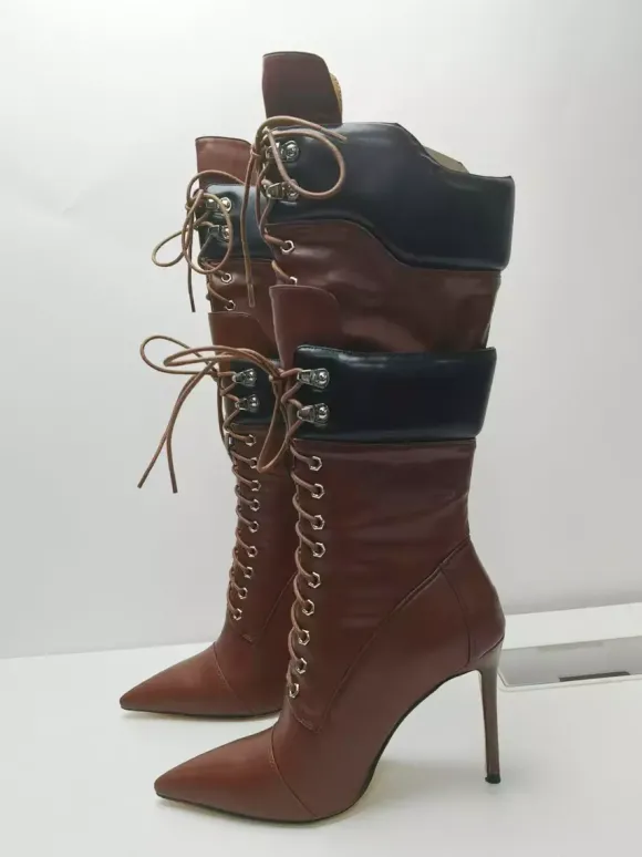 Bottes mi-mollet en daim jaune pour femmes bout pointu lacets talons hauts