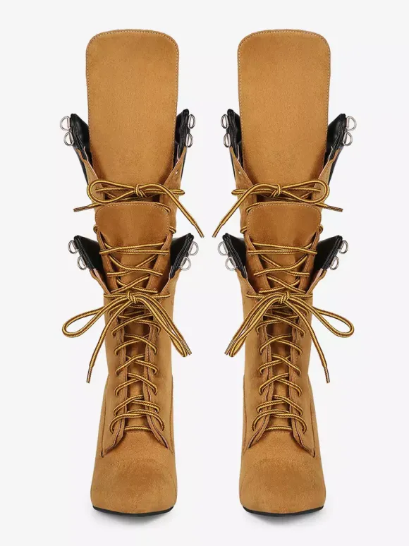 Bottes mi-mollet en daim jaune pour femmes bout pointu lacets talons hauts