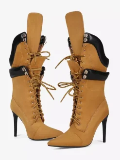 Bottes mi-mollet en daim jaune pour femmes bout pointu lacets talons hauts