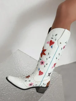 Bottes Mi-mollet Femme à Talons Hauts avec Bout Pointu en Cuir Synthétique Imprimés Chaussures de Mariée Bohème