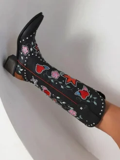 Bottes Mi-mollet Femme à Talons Hauts avec Bout Pointu en Cuir Synthétique Imprimés Chaussures de Mariée Bohème