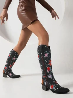 Bottes Mi-mollet Femme à Talons Hauts avec Bout Pointu en Cuir Synthétique Imprimés Chaussures de Mariée Bohème