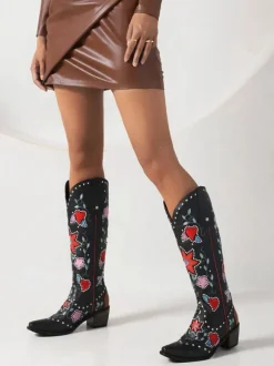 Bottes Mi-mollet Femme à Talons Hauts avec Bout Pointu en Cuir Synthétique Imprimés Chaussures de Mariée Bohème