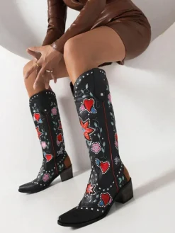 Bottes Mi-mollet Femme à Talons Hauts avec Bout Pointu en Cuir Synthétique Imprimés Chaussures de Mariée Bohème