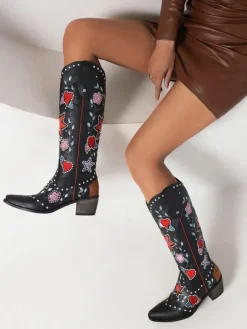 Bottes Mi-mollet Femme à Talons Hauts avec Bout Pointu en Cuir Synthétique Imprimés Chaussures de Mariée Bohème