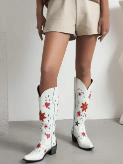Bottes Mi-mollet Femme à Talons Hauts avec Bout Pointu en Cuir Synthétique Imprimés Chaussures de Mariée Bohème