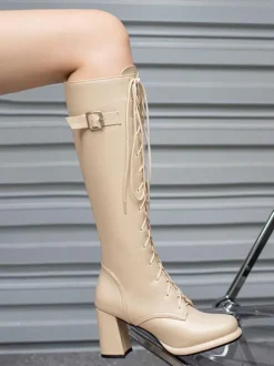 Bottes Mi-mollet Femme à Talons Hauts avec Bout Pointu en Cuir Synthétique Unicolore