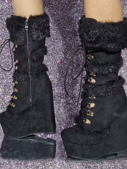 Bottes mi-mollet pour femmes Bottes à talons compensés à bout rond en suède micro