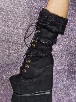 Bottes mi-mollet pour femmes Bottes à talons compensés à bout rond en suède micro