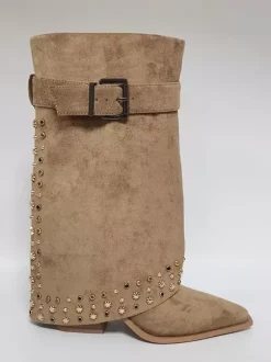 Bottes mi-mollet pour femmes en daim bout pointu boucle cloutée talon épais