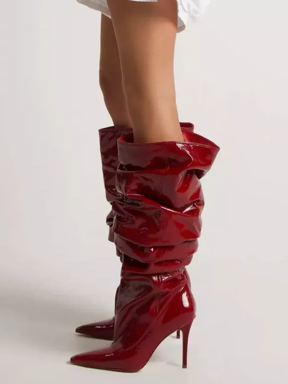 Bottes mi-mollet rouges pour femmes bottes souples à bout pointu et à talon aiguille