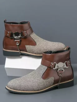 Bottes montantes en tricot pour homme avec fermeture éclair latérale chaussures habillées à bout rond et talons bas bottes habillées à chaînes