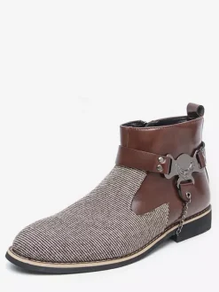 Bottes montantes en tricot pour homme avec fermeture éclair latérale chaussures habillées à bout rond et talons bas bottes habillées à chaînes