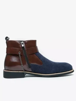 Bottes montantes en tricot pour homme avec fermeture éclair latérale chaussures habillées à bout rond et talons bas bottes habillées à chaînes