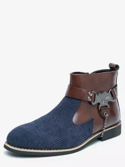 Bottes montantes en tricot pour homme avec fermeture éclair latérale chaussures habillées à bout rond et talons bas bottes habillées à chaînes