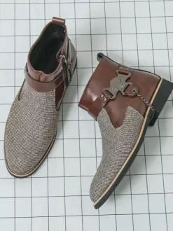 Bottes montantes en tricot pour homme avec fermeture éclair latérale chaussures habillées à bout rond et talons bas bottes habillées à chaînes