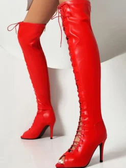 Bottes noires au dessus du genou pour femmes cuissardes à bout ouvert et à lacets talons hauts
