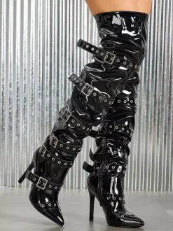 Bottes noires au-dessus du genou bout pointu boucles talon haut cuissardes