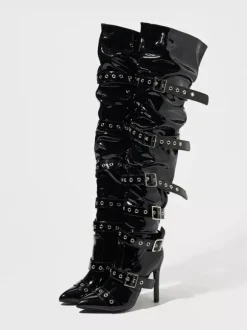 Bottes noires au-dessus du genou bout pointu boucles talon haut cuissardes