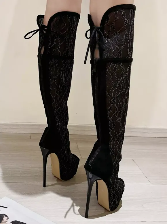 Bottes noires en dentelle au-dessus du genou plateforme bout ouvert talon haut cuissardes