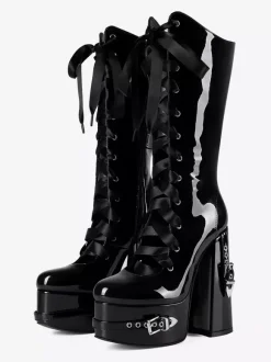 Bottes noires hautes à plateforme et boucle lacets et talons épais