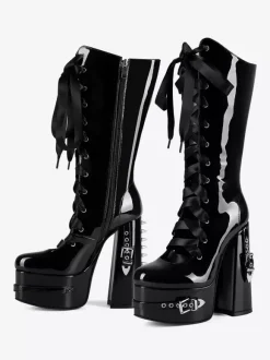 Bottes noires hautes à plateforme et boucle lacets et talons épais