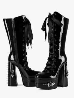 Bottes noires hautes à plateforme et boucle lacets et talons épais