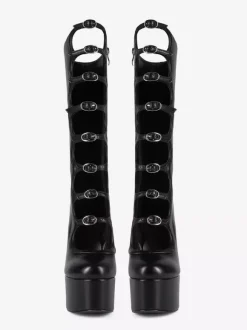 Bottes noires hautes au genou grande taille plateforme bout rond boucle talon épais