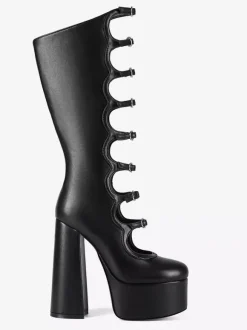 Bottes noires hautes au genou grande taille plateforme bout rond boucle talon épais