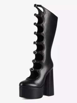 Bottes noires hautes au genou grande taille plateforme bout rond boucle talon épais