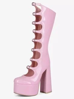 Bottes noires hautes au genou grande taille plateforme bout rond boucle talon épais