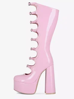 Bottes noires hautes au genou grande taille plateforme bout rond boucle talon épais