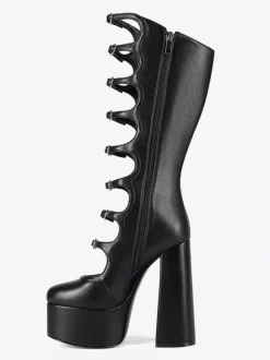 Bottes noires hautes au genou grande taille plateforme bout rond boucle talon épais