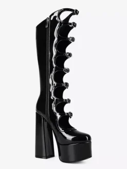 Bottes noires hautes au genou grande taille plateforme bout rond boucle talon épais