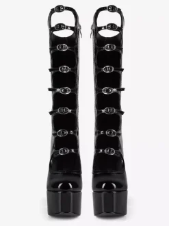 Bottes noires hautes au genou grande taille plateforme bout rond boucle talon épais