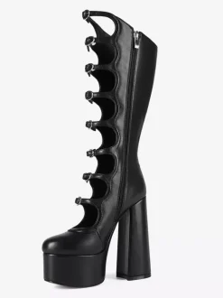 Bottes noires hautes au genou grande taille plateforme bout rond boucle talon épais