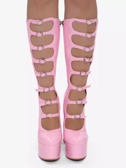 Bottes noires hautes au genou grande taille plateforme bout rond boucle talon épais