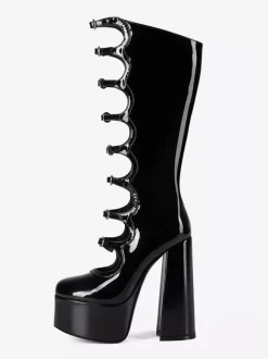 Bottes noires hautes au genou grande taille plateforme bout rond boucle talon épais