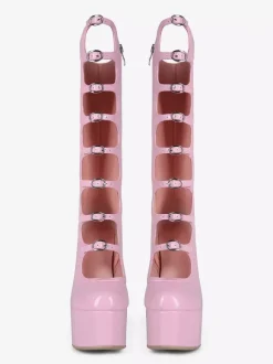 Bottes noires hautes au genou grande taille plateforme bout rond boucle talon épais