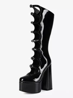 Bottes noires hautes au genou grande taille plateforme bout rond boucle talon épais