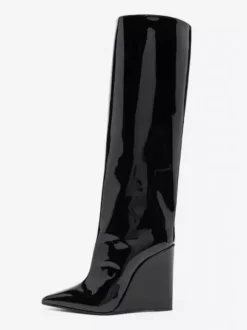 Bottes noires hautes au genou pour femmes bottes compensées à bout pointu longueur genou
