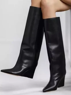 Bottes noires hautes au genou pour femmes bottes compensées à bout pointu longueur genou