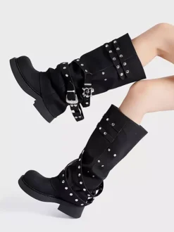 Bottes noires mi-mollet pour femmes bout rond détail boucle
