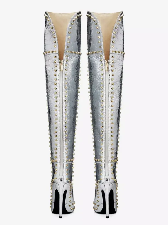 Bottes noires sexy à bout pointu et perles cuissardes