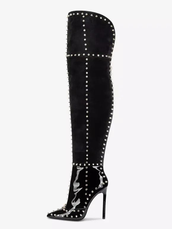 Bottes noires sexy à bout pointu et perles cuissardes